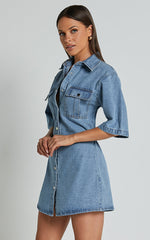 Leilani Mini Dress - Denim Short Sleeve Button Up Dress with Gold Hardware in Mid Blue