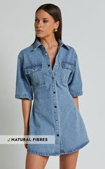 Leilani Mini Dress - Denim Short Sleeve Button Up Dress with Gold Hardware in Mid Blue
