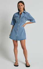 Leilani Mini Dress - Denim Short Sleeve Button Up Dress with Gold Hardware in Mid Blue