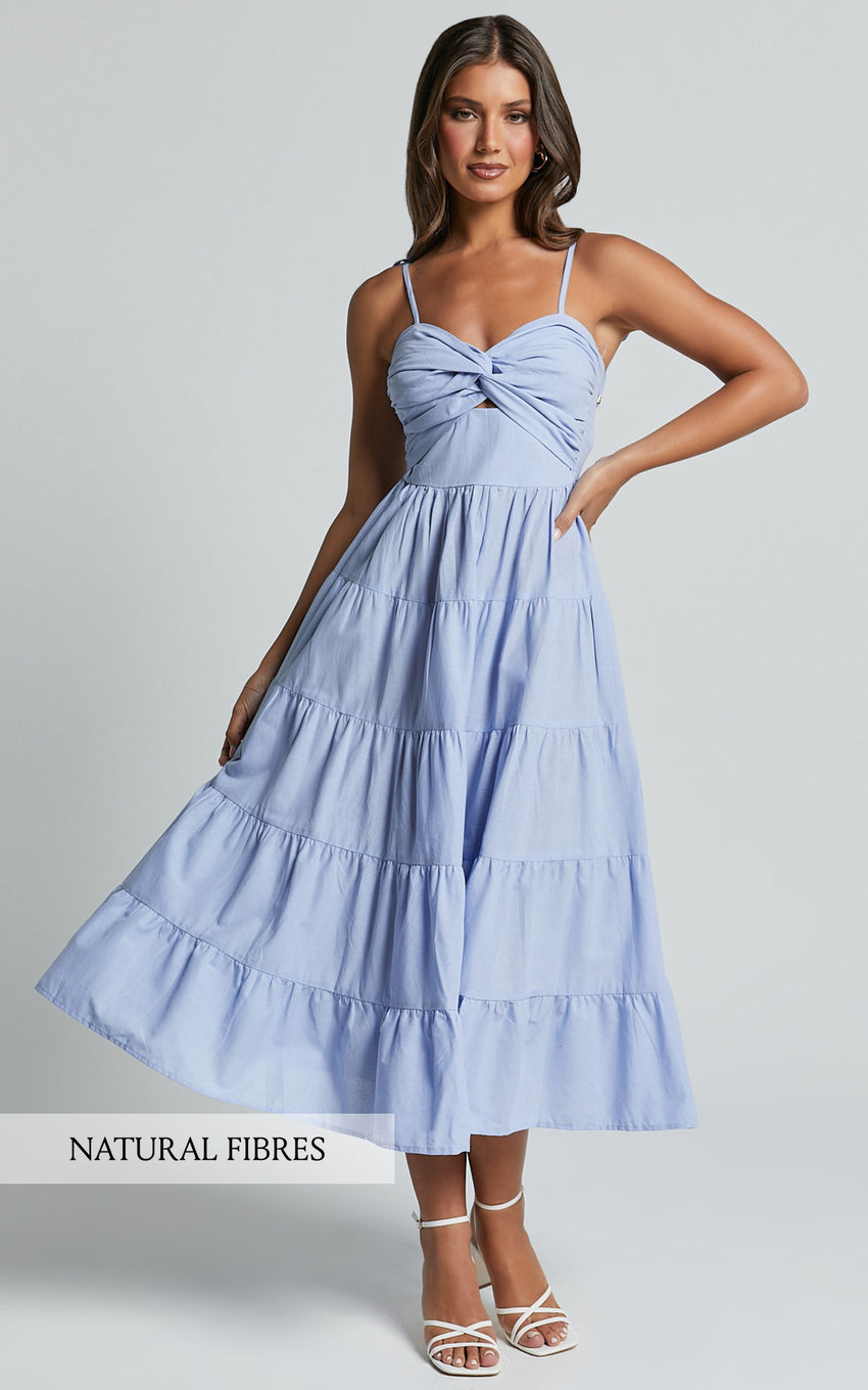 Leticia Midi Dress - Twist Front Tie Strap Tiered Dress in Pale Blue