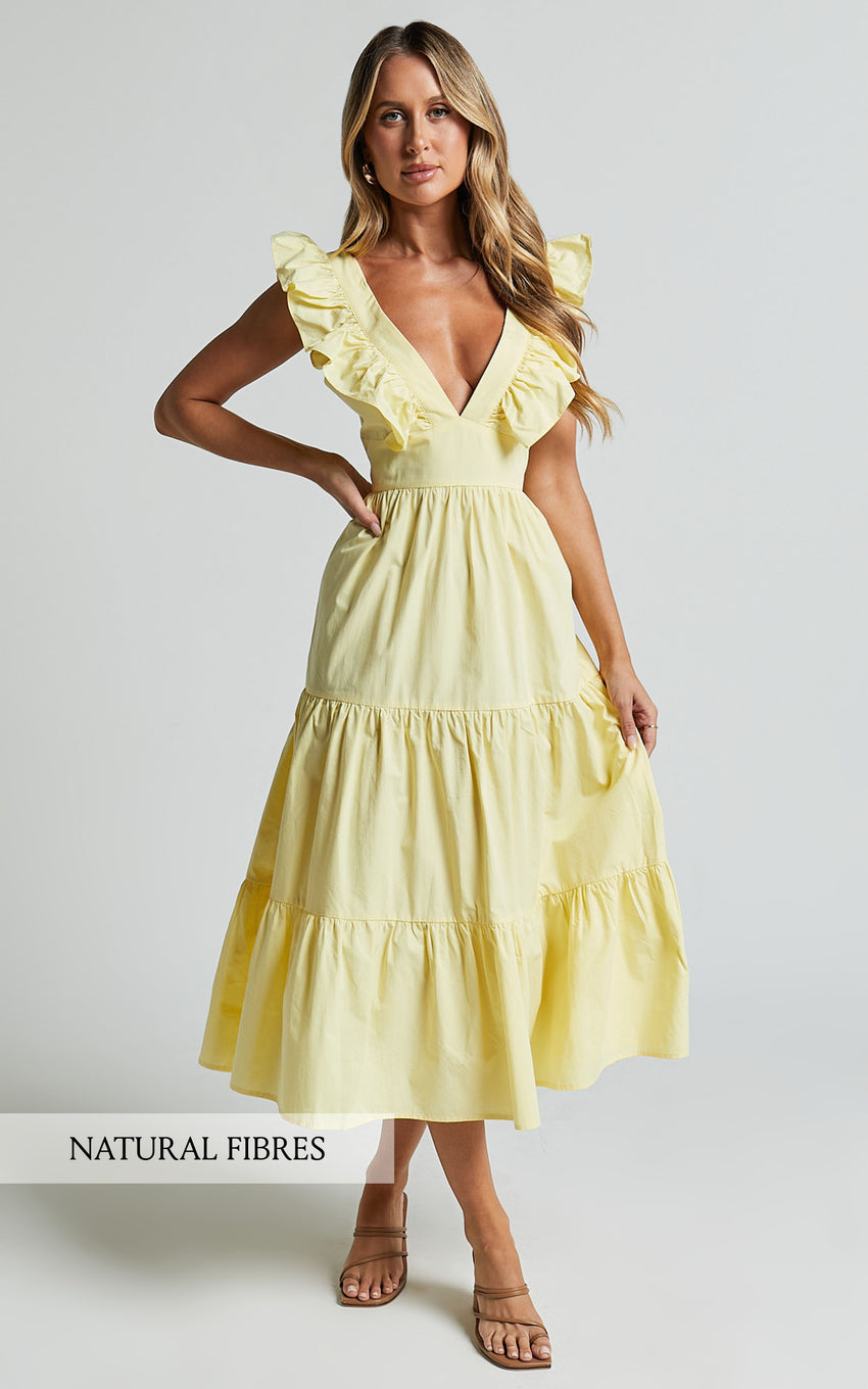 Levona Midi Dress - Ruffle Shoulder Tiered Dress in Lemon