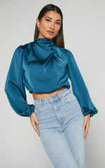 Lila Top - High Neck Draped Satin Long Sleeve Blouse in Teal