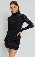 Lili Mini Dress - Burnout Ruched Wrap Mini Dress in Black