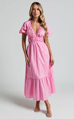 Lukas Midi Dress - Linen V Neck Puff Sleeve Dress in Pink