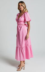 Lukas Midi Dress - Linen V Neck Puff Sleeve Dress in Pink