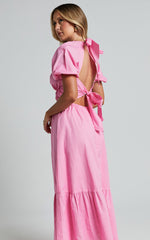 Lukas Midi Dress - Linen V Neck Puff Sleeve Dress in Pink