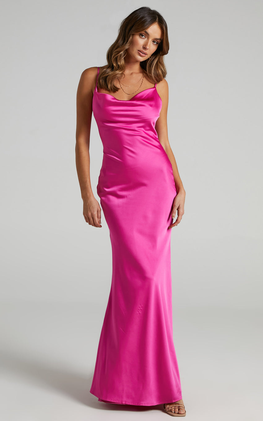 Lunaria Maxi Dress - Cowl Mermaid Slip Dress in Hot Pink Satin