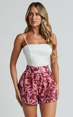 Lydie Shorts - High Waist Pleated Aline Shorts in Whirlind Print