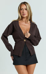 Makayla Cardigan - Long Sleeve Deep V Hardware Button Cardigan in Chocolate