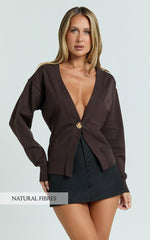 Makayla Cardigan - Long Sleeve Deep V Hardware Button Cardigan in Chocolate