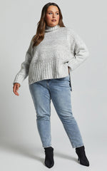 Maleesha Jumper - Oversized Turtle Neck Knit Jumper in Grey Marle