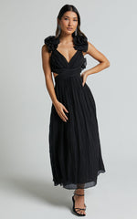Marielly Midi Dress - Side Cut Out V Neck Ruffle Detail Sleeve Dress in Black