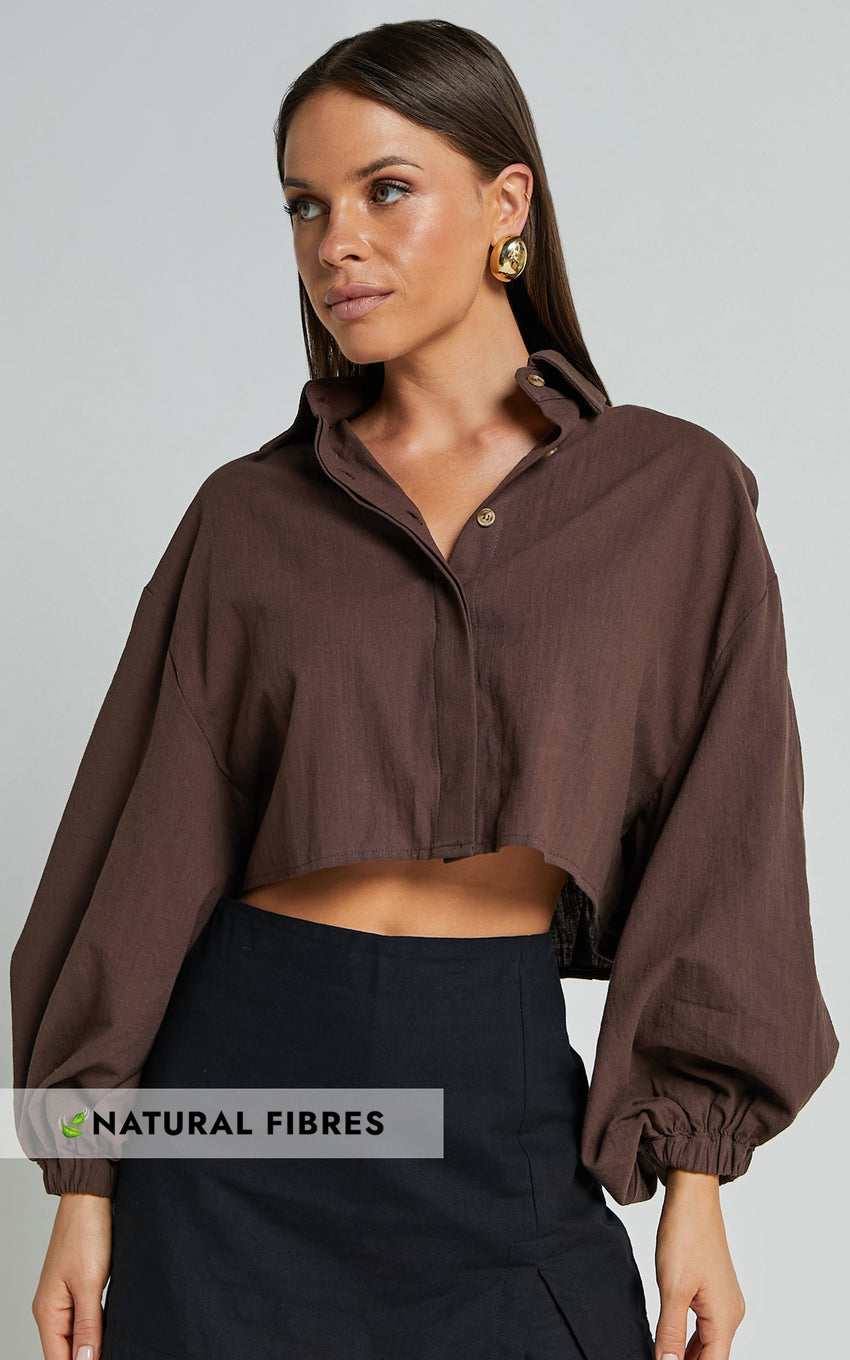 Marsha Linen Blend Shirt - Cropped Long Sleeve Button Up Shirt in Chocolate