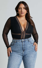 Masharie Bodysuit - Plunge Neck Open Back Lace Bodysuit in Black
