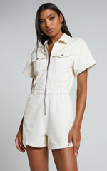 Mauriel Playsuit - Recycled Cotton Utility Playsuit in Ecru