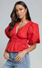 Mellie Top - Puff Sleeve Peplum Top in Cherry Tomato