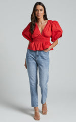 Mellie Top - Puff Sleeve Peplum Top in Cherry Tomato