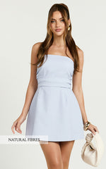 Millie Mini Dress - Linen Strapless Mini Dress in Blue