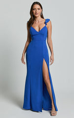 More Than This Maxi Dress - Ruffle Strap Thigh Split Dress in Cobalt