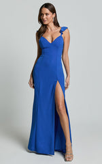More Than This Maxi Dress - Ruffle Strap Thigh Split Dress in Cobalt