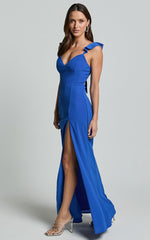More Than This Maxi Dress - Ruffle Strap Thigh Split Dress in Cobalt