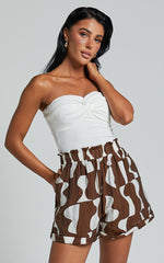 Nadiane Shorts - Shirred High Waisted Shorts in Chocolate Mono Wave