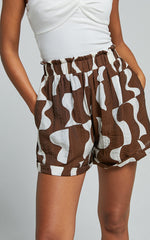Nadiane Shorts - Shirred High Waisted Shorts in Chocolate Mono Wave