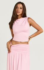 Nancy Top - Off Shoulder Twist Asymmetrical Sleeve Top in Pink