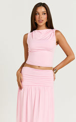 Nancy Top - Off Shoulder Twist Asymmetrical Sleeve Top in Pink