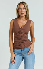 Negie Top - Ruched Detail Tank Top in Chocolate
