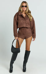 Nessa Jacket - Faux Suede Oversized Cropped Bomber Jacket in Dark Chestnut