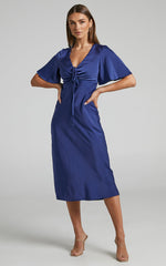 Nicholla Midi Dress - Ruched Front Angel Sleeve Slip Dress in Navy