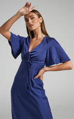 Nicholla Midi Dress - Ruched Front Angel Sleeve Slip Dress in Navy
