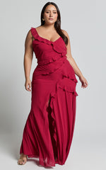 Nitha Maxi Dress - Asymmetrical Frill Thigh Split Dress in Berry