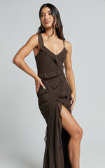 Nitha Maxi Dress - Asymmetrical Frill Thigh Split Dress in Chocolate