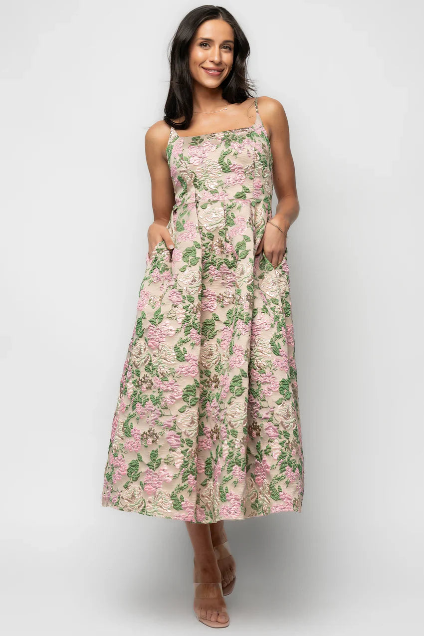 Antoinette Embossed Midi Dress | Champagne Multi Floral