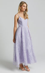 Philine Midi Dress - Jacquard Plunge Fit and Flare Dress in Lilac