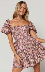 Phorchia Mini Dress - Fit and Flare Puff Sleeve Corset Dress in Noir Fleur Print