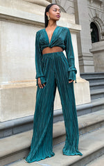 Aluna Two Piece Set - Plisse Twist Front Crop Top and Wide Leg Pants Set in Forest Green