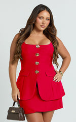 Phyllis Two Piece Set - Tailored Scoop Neck Vest Top and A Line Mini Skirt Set with Gold Buttons in Red