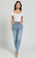 Pixie Top - Sweetheart Puff Sleeve Embroidery Top in White
