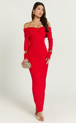 Rani Maxi Dress - Off Shoulder Long Sleeve Bodycon Dress in Red