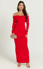 Rani Maxi Dress - Off Shoulder Long Sleeve Bodycon Dress in Red