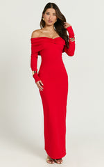 Rani Maxi Dress - Off Shoulder Long Sleeve Bodycon Dress in Red