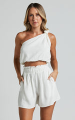 Raylene Two Piece Set - Linen Knotted One Shoulder Top and Paper Bag Waist Shorts in White
