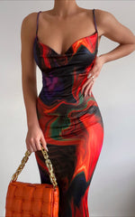 Rhaine Midi Dress - Cowl Bodycon Dress in Phoenix rising