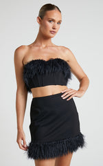 Rhaiza Mini Skirt - Faux Feather Trim High Waisted Skirt in Black