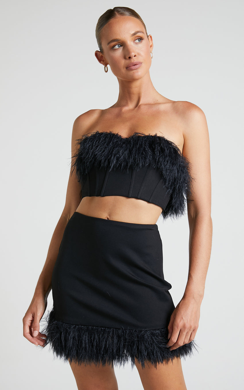 Rhaiza Mini Skirt - Faux Feather Trim High Waisted Skirt in Black