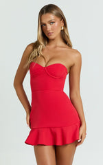 Rhea Mini Dress Strapless Bustier Fit Bodice Drop Waist Frill Hem Skirt in Raspberry