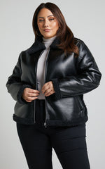 Rheina Jacket - Borg Faux Leather Jacket in Black